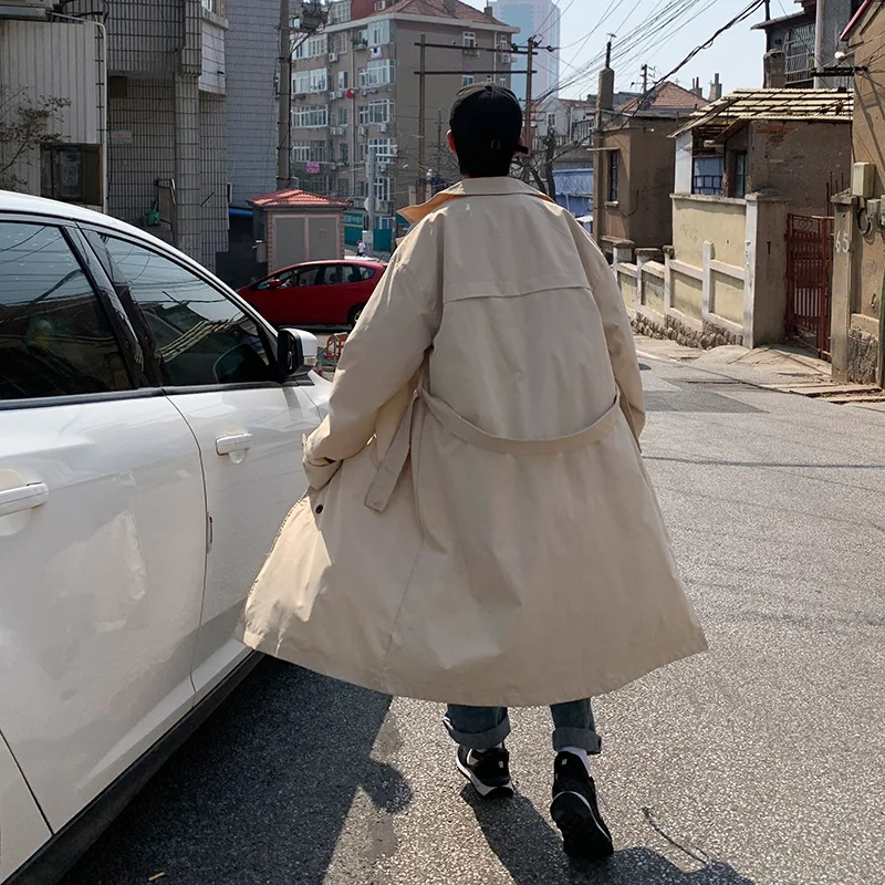 Trench Coat Men Oversize Solid Double Breasted Loose Turn-down Collar Sashes Korean Fashion