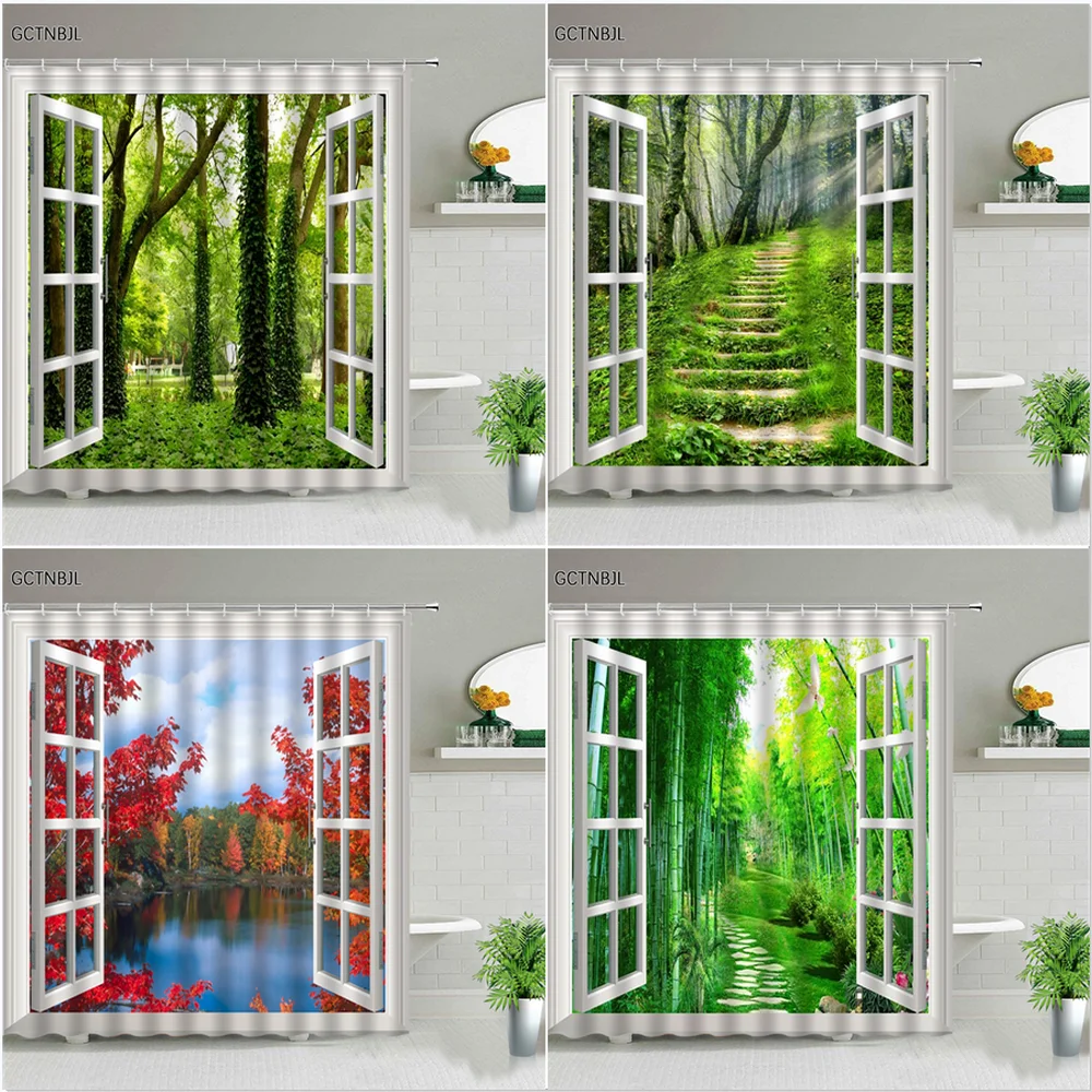 

Занавески для душа с принтом лесного пейзажа, Настенный декор, занавески для ванной с зеленым растением, деревом, ландшафтом, крючки для экрана ванной