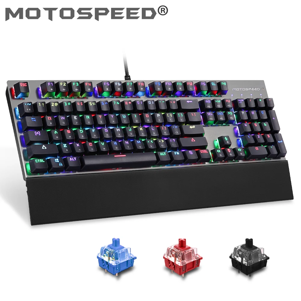 

Motospeed CK108 104 Keys Gaming Keyboard Blue Switch RGB Backlit Ergonomics Design USB Wired Keyboard Russian Portuguese