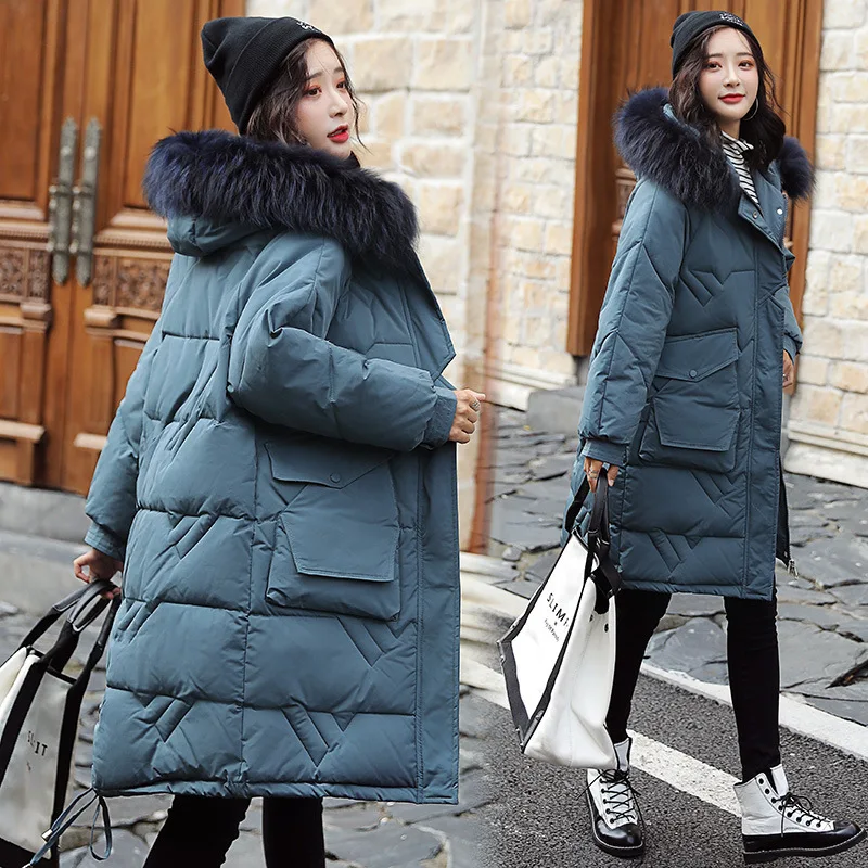 

2019 Winter Korean-style Women's Mid-length Large Fur Collar Straight-Cut Solid Color Slimming Cotton-padded Clothes/Cotton Coat