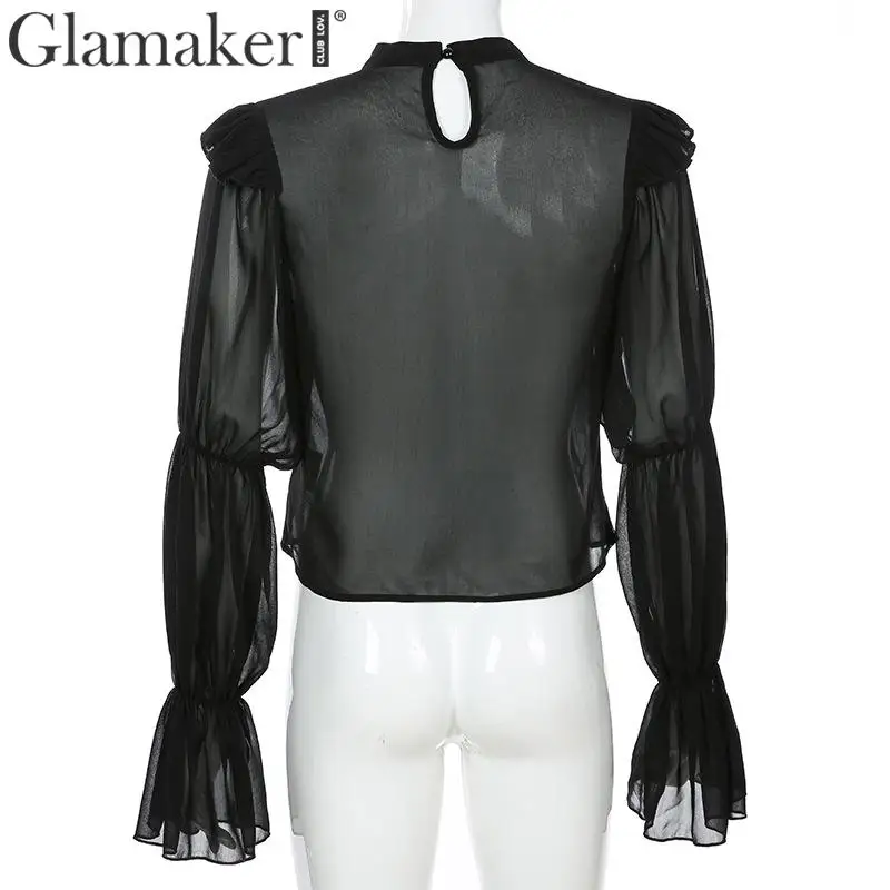 Glamaker, черная шифоновая блузка с воротником-бантом, женская элегантная блузка с длинными рукавами-фонариками и рюшами, осенне-зимняя сексуальная женская блузка