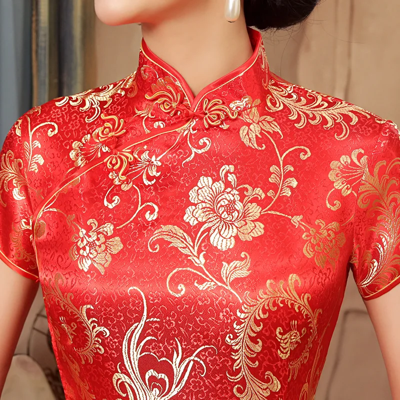 Красное традиционное китайское женское платье с цветочным принтом; Новинка; повседневное сексуальное платье Чонсам; воротник-стойка; длинный Qipao; короткий рукав; Vestidos