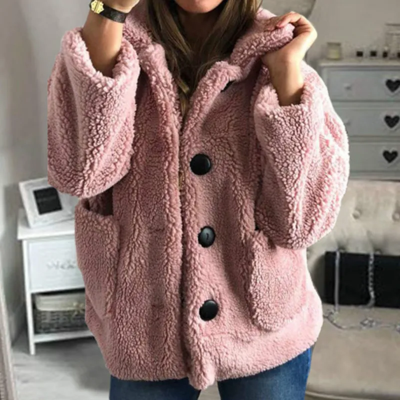 

2019 Red Plush Fleece Femme Thick Buttons Pockets Coats Warm Winter Autumn Fashion Teddy Lazy Women Jackets Outwears GV301