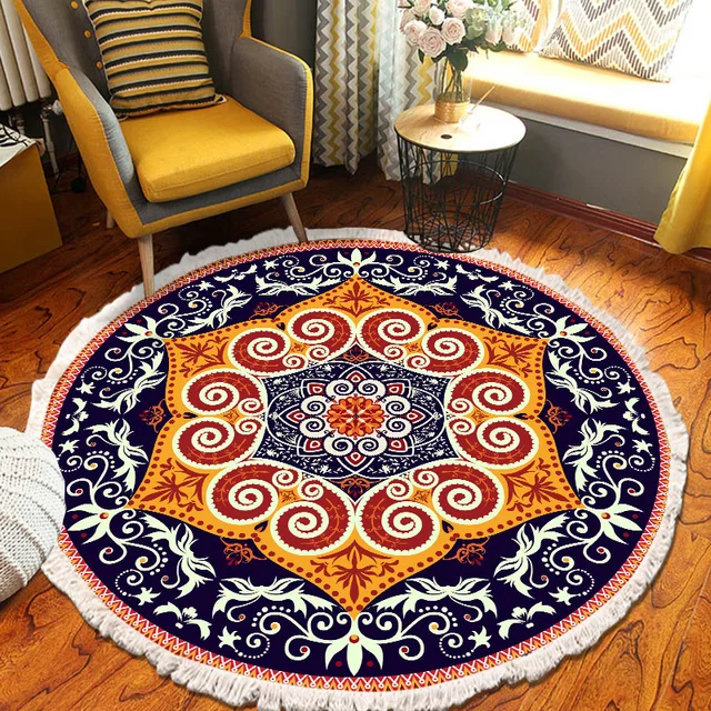 ​Home Decor Retro Bohemian Round Carpet Hand Woven Cotton Linen Carpet Rug Bedside Rug Geometric Floor Mat Living Room Carpet A