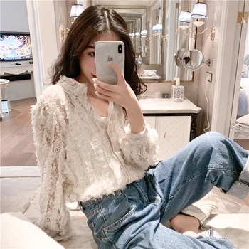 

2020 Spring And Autumn New Korean Tassel Hairs Perspective Lace Bottoming Shirt Solid Color Fashion Fashion Long-sleeved T-shirt