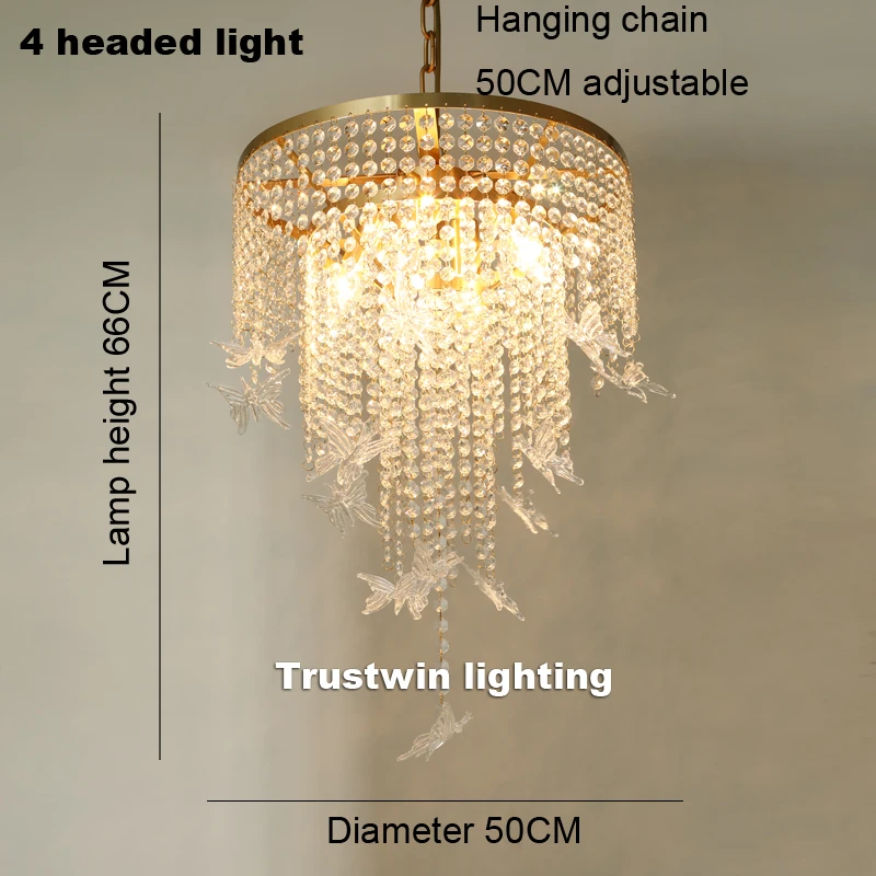 4 headed light Copper glass crystal chandelier light LED hanging lamp for stair loft high ceiling LED chandelier light round butterfly lamp - Lampshade Color: 4 headed light