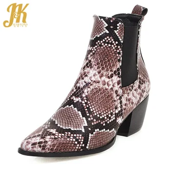 

JK Chelsea Boots Women High Heels Ankle Booties Ladies Square Toe Shoes Female Snake Skin Shoes Winter Shoes 2020 Big Size 48