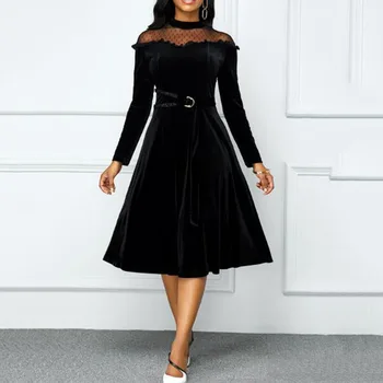 

Sexy Mesh Patchwork Sheer Velvet Dress Midi Women Autumn Winter Tunic Plus Size Vintage Long Sleeve Large Cocktail Dresses