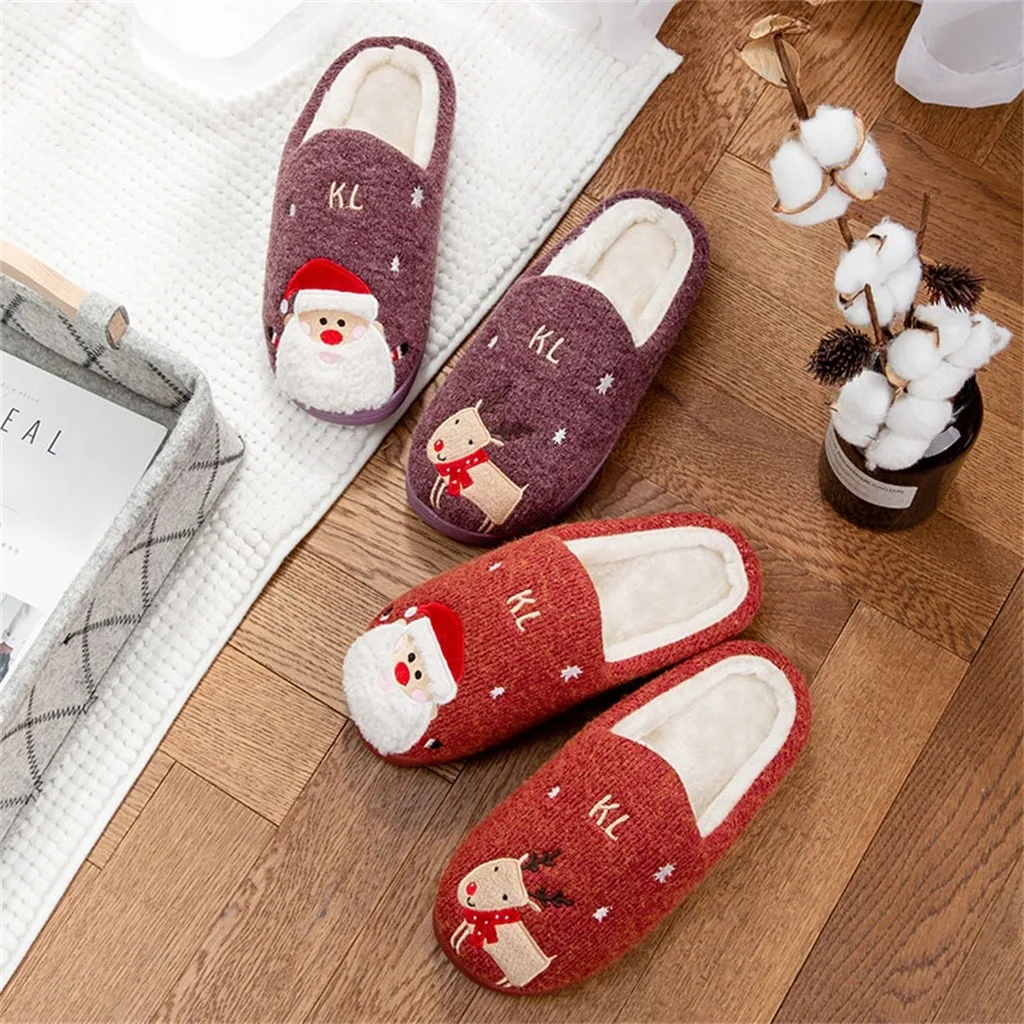 Зимние комнатные туфли для женщин; Рождественская обувь на плоской платформе с теплым полом; домашняя обувь с Санта-Клаусом и оленем; женские Мягкие плюшевые Нескользящие тапочки