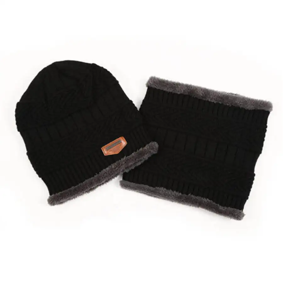 Зимние шапки для мужчин Skullies Beanie шапка зимняя шапка мужской женский шерстяной шарф шапка s Набор Балаклава маска Knitted шапка вязаная шапка - Цвет: Черный