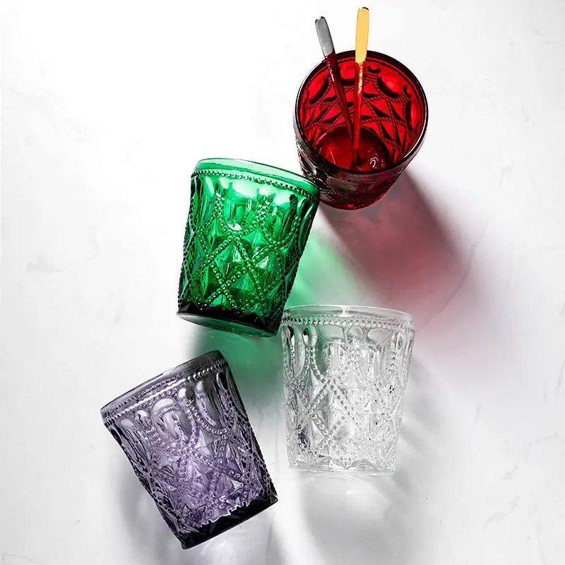 

European Style Embossed Water Cup Household Cup Color Green Tea Cup Red Glass Wine Glass Beer Tazas Glass Coffee Cup Cool Tazas