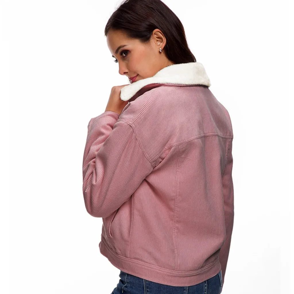 Women Winter Jacket Thick Fur Lined Coats Parkas Fashion Faux Fur Lining Corduroy Bomber Jackets Cute Outwear New#3