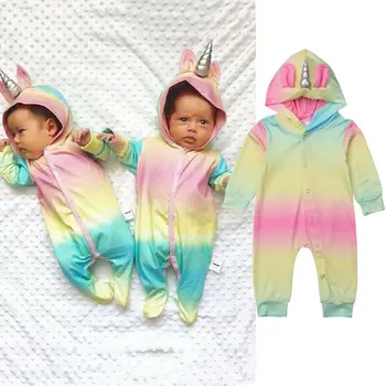

CANIS Unicorn Horn Infant Baby Boy Girl 2019 Autumn Long Sleeve Multi Color Hooded Romper Jumpsuit Kids Clothes Outfit