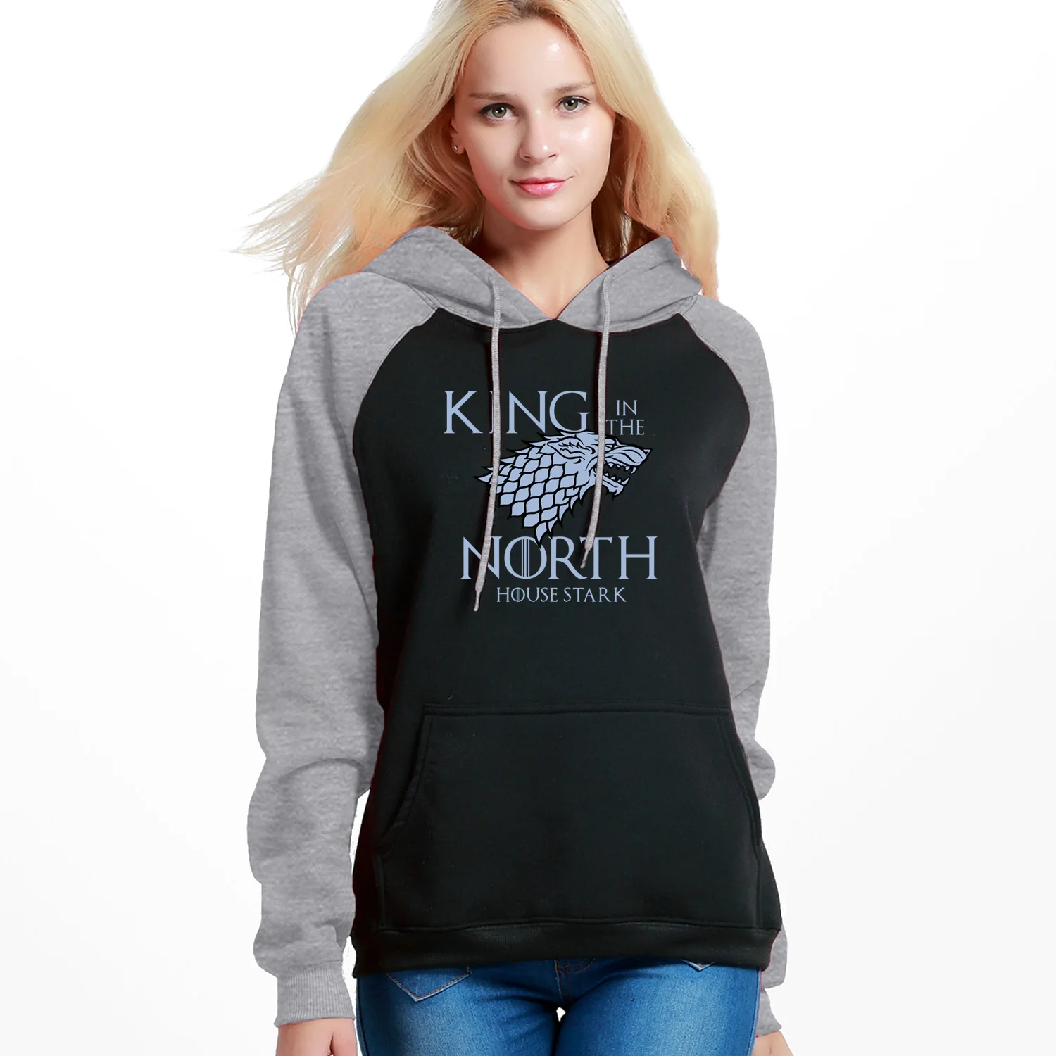 

Game of Thrones Hoodies Women King In The North Sweatshirts Raglan Hoody 2019 Winter Autumn House of Stark Wolf Hoody Sportswear