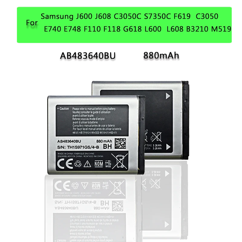 

AB483640BU Battery For Samsung GT-C3050C GT-S7350C SCH-F619 GT-C3050 SGH-F110 SGH-F118 SGH-E740 SGH-L600 800mAh + Free Cable