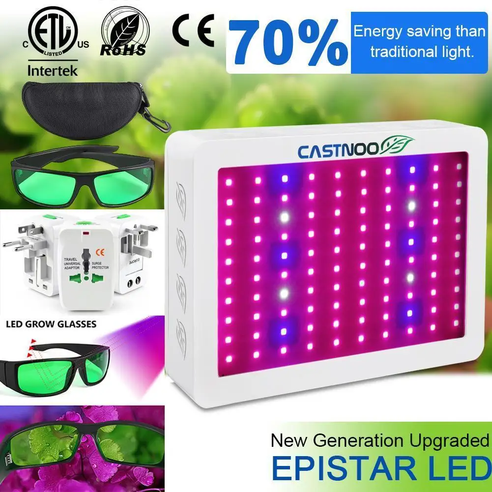 CASTNOO 500 Вт 100 Вт Светодиодный светильник для выращивания, полный спектр, для помещений, гидро-Вег, панель для выращивания цветов, очки и зарядный преобразователь