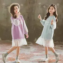 Модное платье для девочек, прямое платье, повседневное Сетчатое газовое платье с длинными рукавами и круглым вырезом