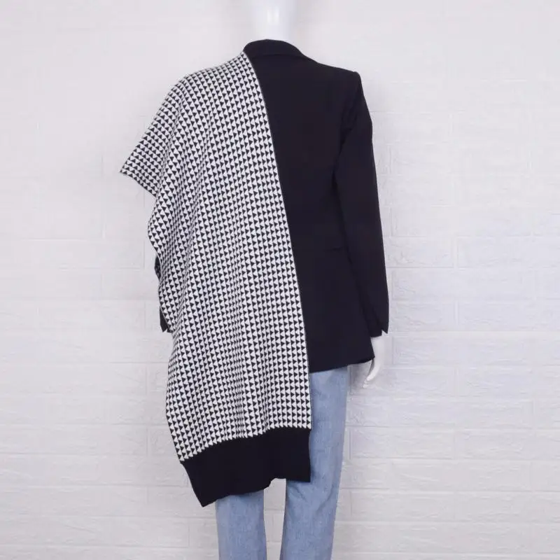 Women Blazer Asymmetric Ladies Black Blazer Coat Plaid Woolen Spliced Irregular Women's Suit Jacket Long Loose Woman Tops