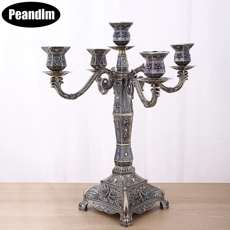 

PEANDIM Bronze Candle Holders Creative Romantic Candlelight Dinner Table Decotative Party Candelabro 5 Arms Home Candlestick