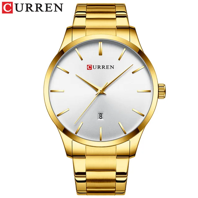 Мужские часы Топ бренд CURREN Роскошные спортивные простые кварцевые наручные часы для мужчин часы из нержавеющей стали Relojes Relogio Masculino - Цвет: gold white