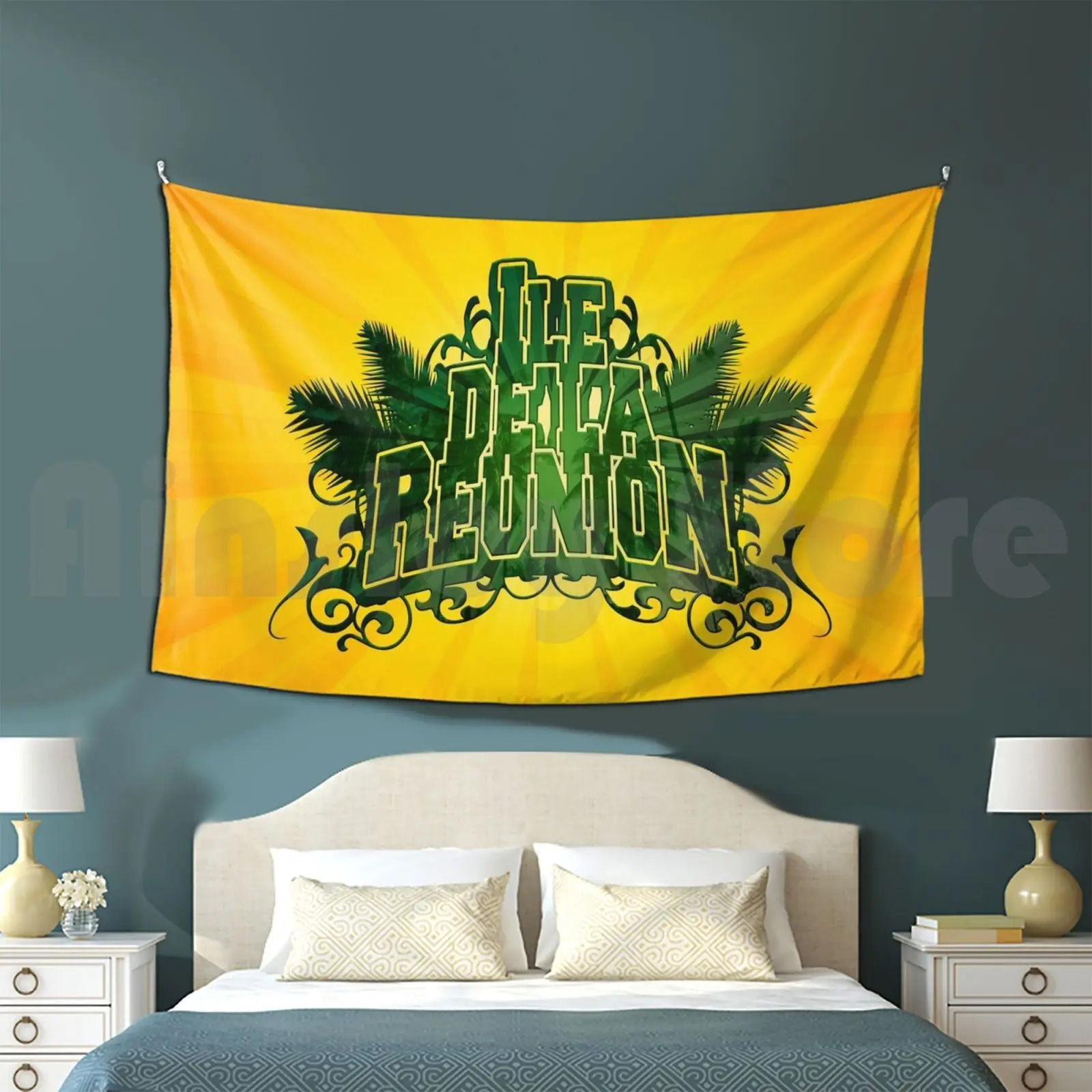 Isola Della Riunione-Arazzo Verde Palma Soggiorno Camera Da Letto 974 974 Isola Della Riunione Reunionese Creole Neem Leetchi Locale