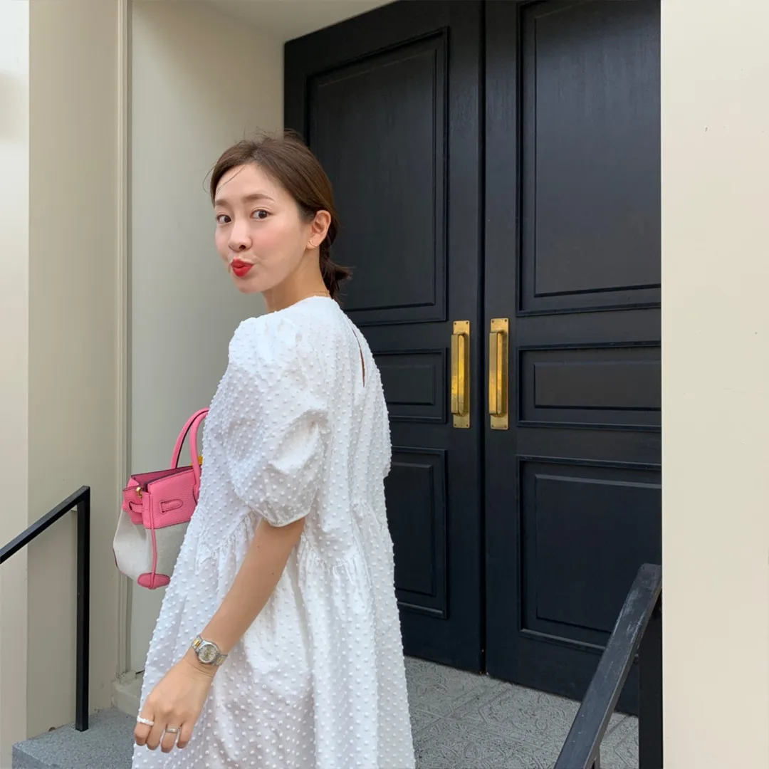 Women Long Dress 2021 Summer Casual O-neck Puff-Sleeve Oversize Dots Elegant Female Dress Ladies Loose Vestidos Femme 9941