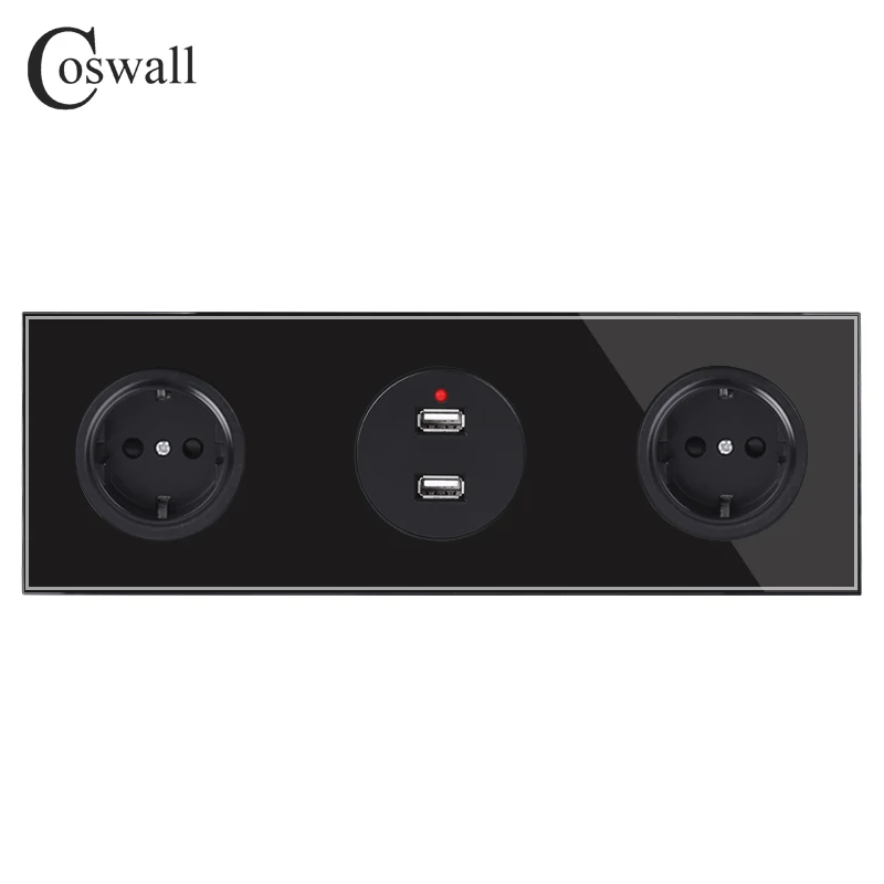 Coswall панель из закаленного чистого стекла 16A двойная Европейская стандартная настенная розетка с заземлением+ двойной usb-порт для зарядки серии 2.4A R11 - Тип: Black