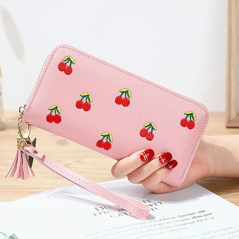 Card Purse Clutch-Bag Tassel Women Wallet Zipper Embroidered Cherry Long Porte Fashion