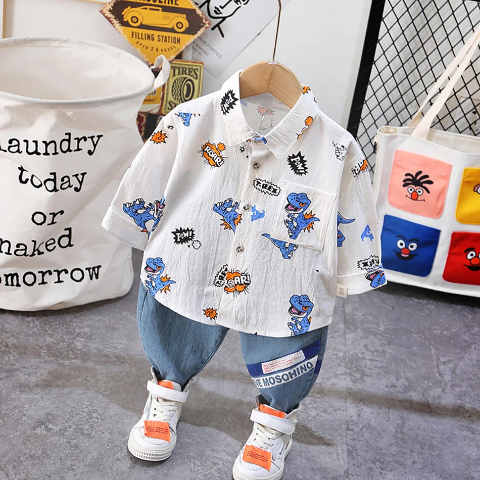 Новинка 2020 модный топ с принтом динозавра для маленьких мальчиков + джинсовые