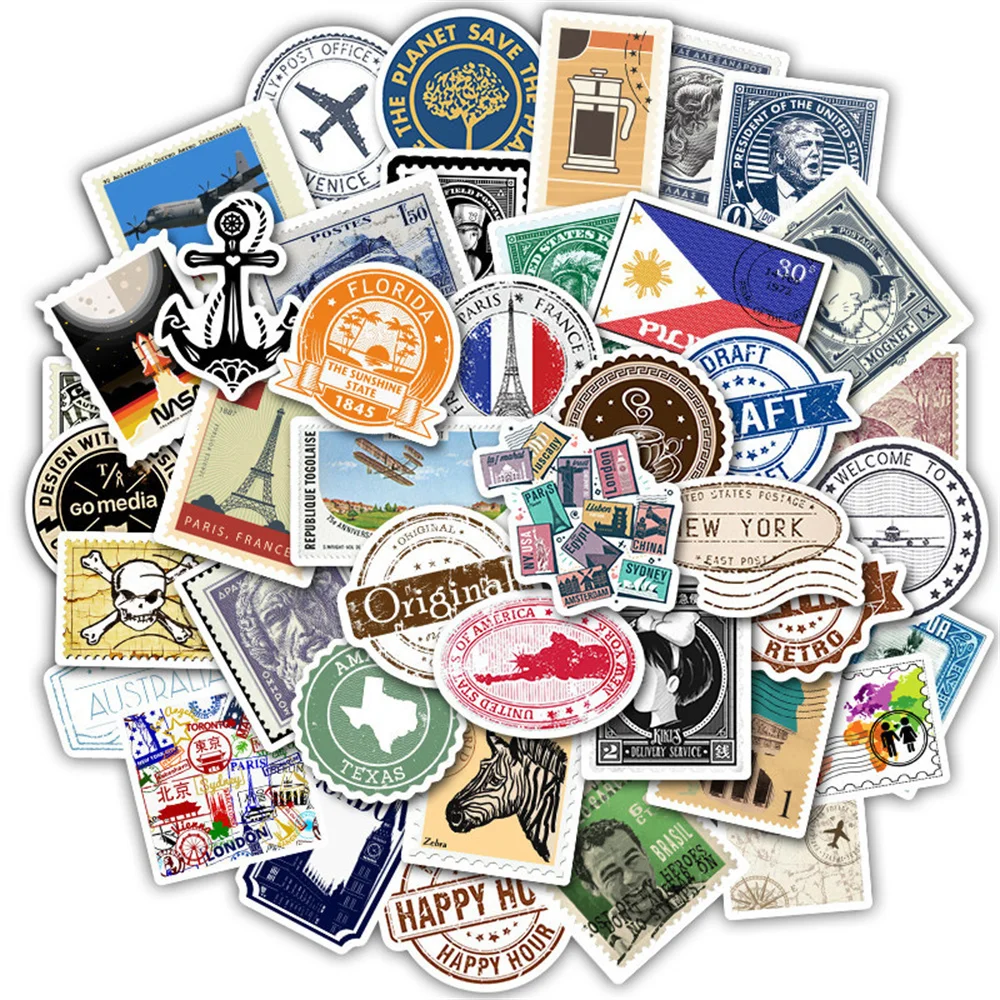 

10/30/50PCS Travel Style Graffiti Sticker Retro Postmark Stamp Label Paper Suitcase Luggage Guitar Car Sticker Wholesale