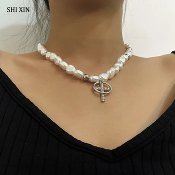 

SHIXIN Short Baroque Pearl Choker Necklace for Women Crystal Cross Pendant Necklace on the Neck Jewelry 2020 Fashion Colar Gifts