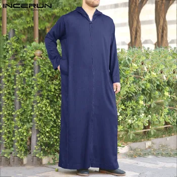 

2020 Muslim Clothing Men Jubba Thobe Solid Vintage Hooded Long Sleeve Dubai Saudi Arabia Islamic Kaftan Men Robes INCERUN S-5XL