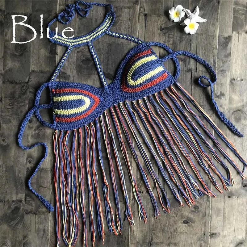 Вязание крючком бикини сексуальный женский бикини с кисточками Топ Boho пляжный купальник бахрома вязаная крючком бикини бюстгальтер Холтер Camisoles Tank купальник - Цвет: Blue