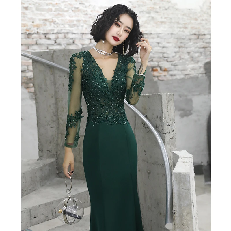 Это Yiiya вечерние платья Элегантное зеленое вечернее платье с v-образным вырезом с длинным рукавом Кружевное нарядное платье размера плюс robe de soiree LF014