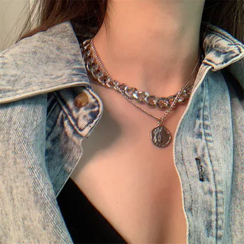 

Trendy Vintage Head Coin Pendant Thick Chain Short Necklace For Women Punk layered Necklace Accessorie Jewelry Female New