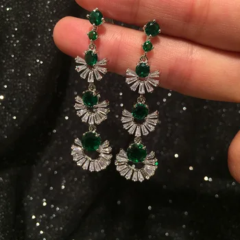 

925 silver needle small fan long-style fringed earrings emerald micro-inlaid zircon super immortal elegant earrings