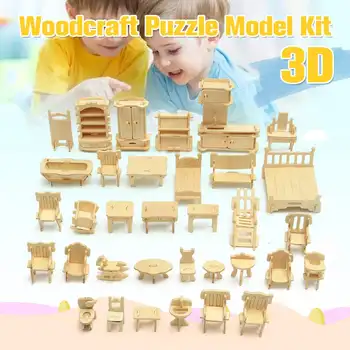 

34pcs/set DIY 3D Wooden Puzzle Toys Educational DollHouse Accessories Furniture Woodcraft Puzzle Model Kit Toys for Children