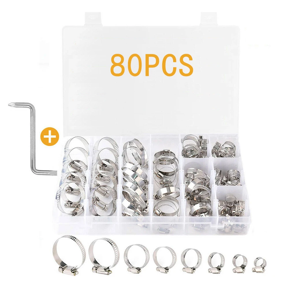 

80pcs Stainless Steel Single Ear Stable Structure Household Hose Clamp Fuel Air Pipe Replacement Parts Sealing Anti Corrosion