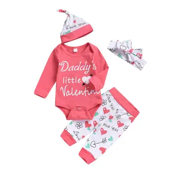 

0-18M Newborn Clothes 4pcs Set 2020 Valentine'S Day Baby Girl Clothes Letter Bodysuit Top Pant Hat Headband Girl Outfits
