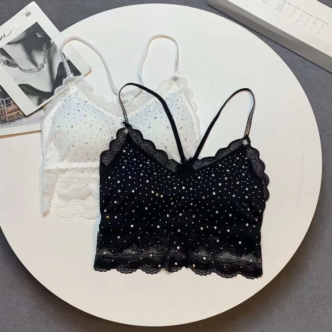 

crop top women rhinestones black crop top sexy women sports camis woman rhinestone lace crop top