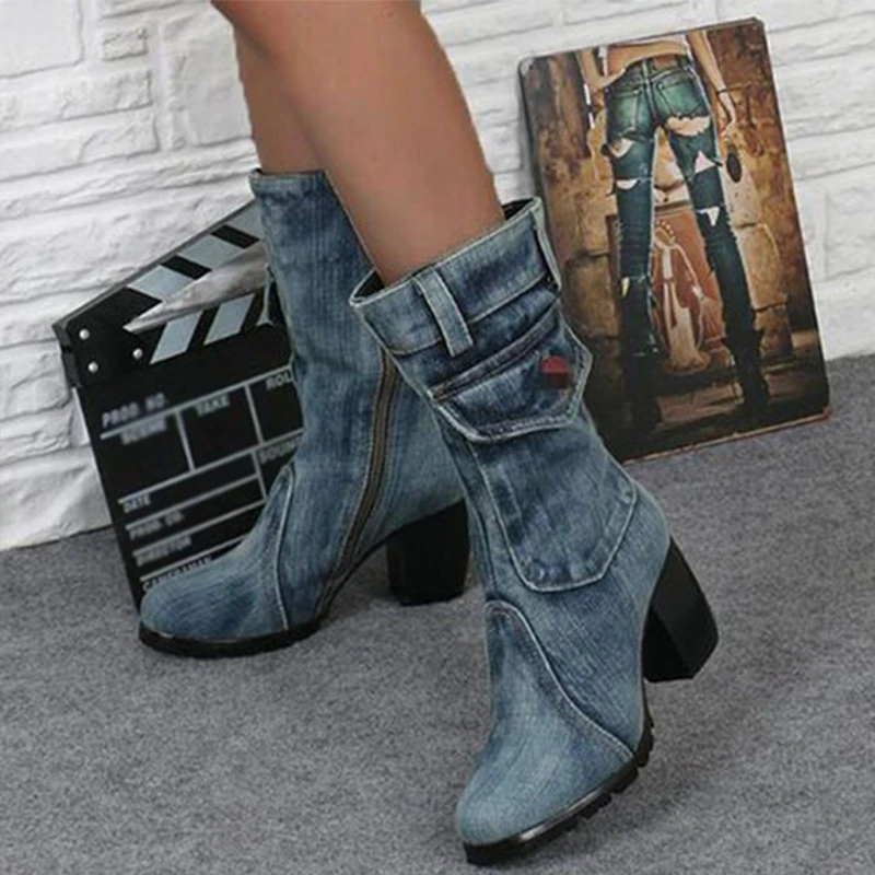 

Whoholl Women's Retro Denim Mid Calf Boots Zip Women Thick Heel Boots Ladies High Heels Shoes Woman Fashion Female Footwear New
