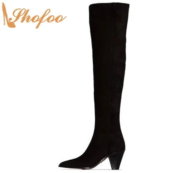 

Black Flock Knee Long Boots Pointed Toe Slip On Large Size 1116 Ladies Winter Warm Fashion Women High Square Heels Shoes Shofoo