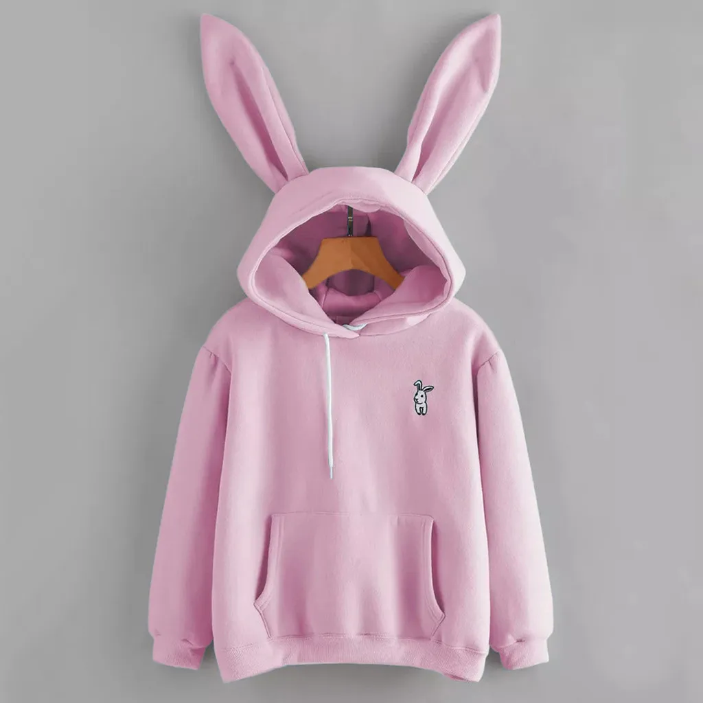 Womens Long Sleeve Rabbit Hoodie Sweatshirt Pullover Tops Blouse sweatshirts with ears kawaii harajuku sudaderas con capucha - Цвет: Розовый