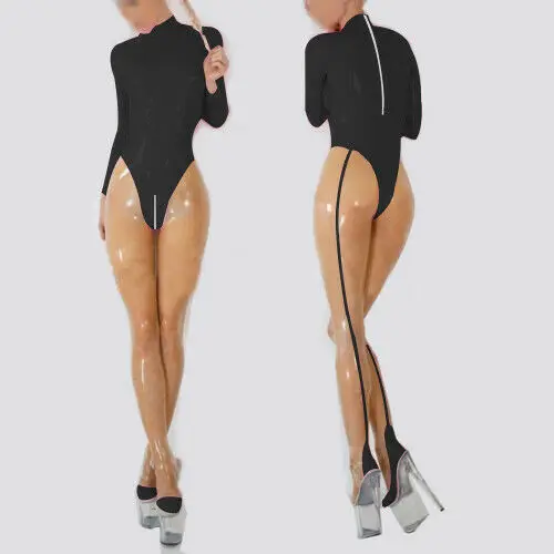 100%Latex Rubber Catsuit Suit Bodysuit Transparent&ampblack Coaplsy SizeS~XXL |