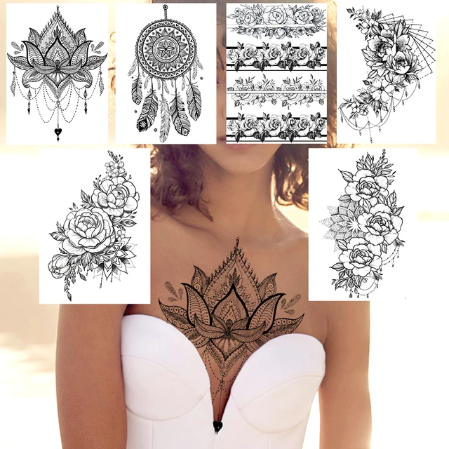 Adesivo de tatuagem temporária impermeável para as mulheres preto flor arte  do corpo transferência abstrata tatoo falso água esboço preto linha manga -  AliExpress