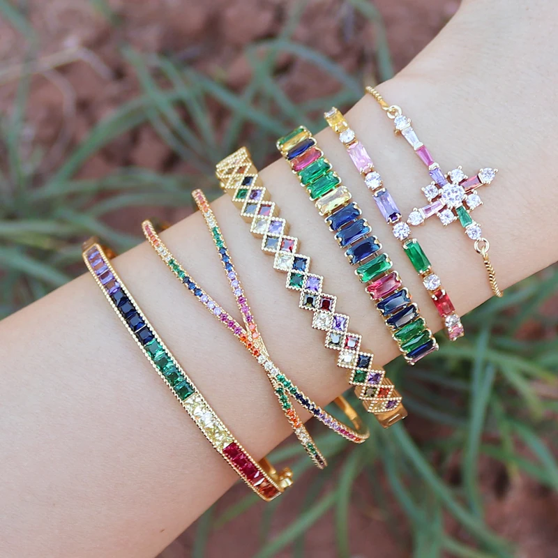 Bracelet Jewelry 18K Gold Plated Baguette Cubic Zirconia Bracelet For Women Men Luxury Jewelry Rainbow CZ Tennis Bangle Girl Gift