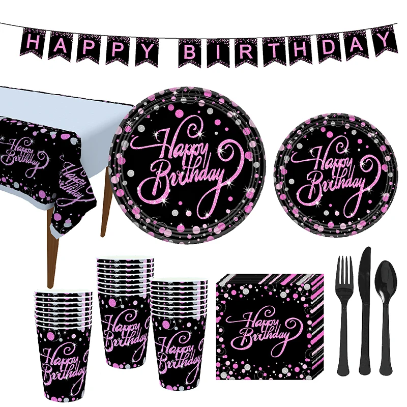 Gold Black Happy Birthday Bunting Banner Disposable Tableware Pink Paper Cup Plate Napkins for Kid Birthday Party Decor Supplies