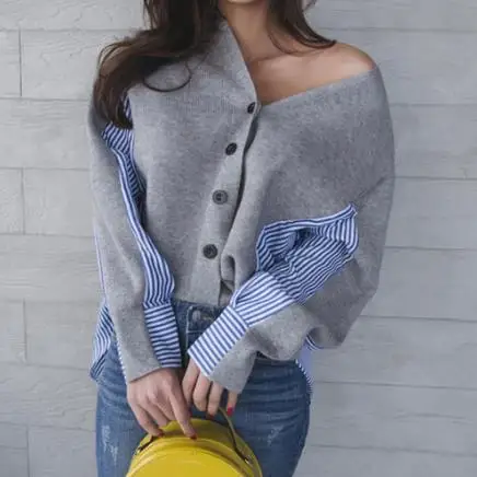 New Autumn Winter Patchwork Knitted Blouses Women V Neck Striped Shirts Cardigan Knitting Tops Loose Blouse Fashion Shirt LJ138 |
