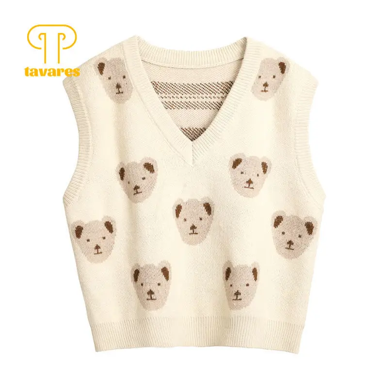 

TAVARES Sweaters Vests Autumn Winter Clothes Women V-Neck Pullover Knitwear Cute Bear Knitted Waistcoat Vintage Top Streetwear