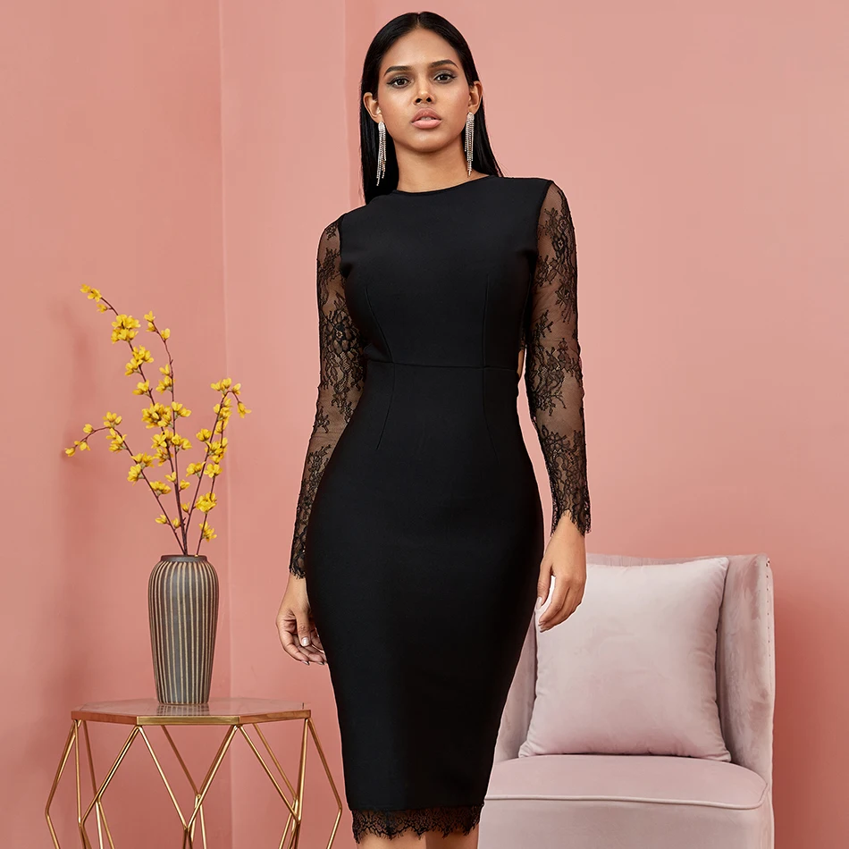 Seamyla сексуальное черное кружевное Бандажное платье с открытой спиной и длинным рукавом, женское облегающее платье миди для ночного клуба, вечернее платье Vestidos